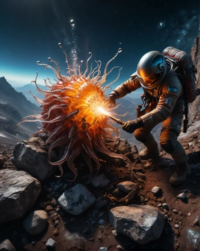 sci fiction illustration,space art,alien world,terraforming,alien planet,asteroids,cg artwork,mission to mars,extraterrestrial life,game art,digital compositing,spacescraft,space walk,fire planet,molten metal,lost in space,ringed-worm,dead earth,exploration,science fiction,Photography,General,Fantasy