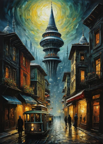 istanbul city,galata tower,galata,istanbul,sultanahmet,constantinople,lamplighter,space needle,hagia sofia,grand bazaar,minarets,gas lamp,night scene,sky city,cable car,cable cars,oil painting on canvas,electric tower,city scape,kadikoy,Conceptual Art,Sci-Fi,Sci-Fi 02