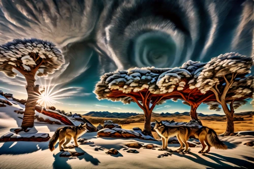 winter animals,snow scene,forest animals,fantasy picture,animal migration,snow landscape,photomanipulation,winter landscape,arid landscape,nine-tailed,virtual landscape,cappadocia,fox stacked animals,argan trees,fantasy landscape,ice landscape,desert landscape,animals hunting,dog sled,sled dog