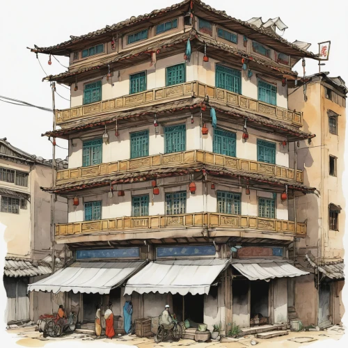 kathmandu,durbar square,hanoi,multistoreyed,traditional building,nepal,asian architecture,kowloon city,chinese architecture,old buildings,pagoda,facade painting,dilapidated building,multi-story structure,facade insulation,stone pagoda,ha noi,bukchon,watercolor shops,townscape,Illustration,Paper based,Paper Based 07