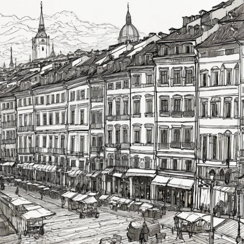 lyon,july 1888,montmartre,hand-drawn illustration,innsbruck,wenceslas square,street scene,townscape,galata,watercolor paris,st-denis,old buildings,vienne,paris clip art,heidelberg,watercolor paris shops,city buildings,geneva,graz city,1905,Illustration,Black and White,Black and White 02