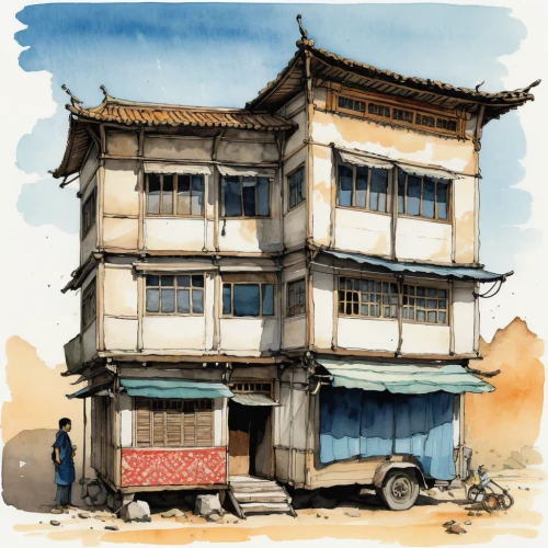 watercolor tea shop,watercolor shops,asian architecture,chinese architecture,oriental painting,ancient building,ancient buildings,hanok,guilinggao,ancient house,watercolor,mandarin house,watercolor sketch,tsukemono,old buildings,traditional building,chinese temple,cool woodblock images,watercolors,old home,Illustration,Paper based,Paper Based 07