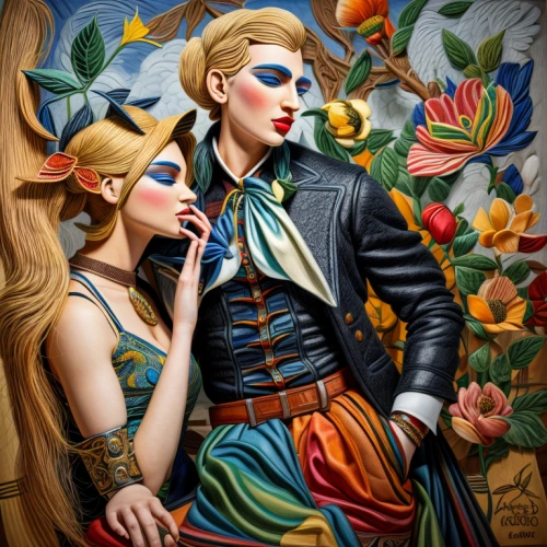 david bates,the carnival of venice,masquerade,young couple,vintage man and woman,romantic portrait,cupido (butterfly),vintage boy and girl,fantasy art,bodypainting,apple pair,art painting,amorous,oil painting on canvas,parrot couple,body painting,garden of eden,fairy tale character,gothic portrait,fashion illustration