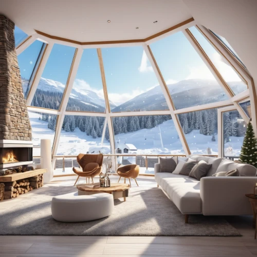 alpine style,modern living room,snowhotel,winter house,snow roof,house in the mountains,the cabin in the mountains,house in mountains,snow shelter,living room,chalet,snow house,livingroom,igloo,beautiful home,luxury home interior,3d rendering,winter window,fire place,family room