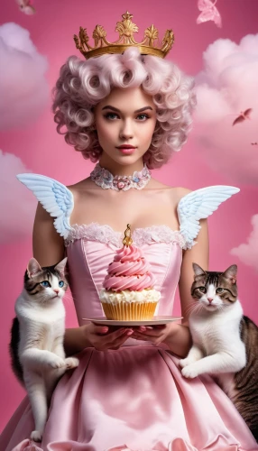 tea party cat,pink cat,pink icing,doll cat,eglantine,pink cake,woman holding pie,thirteen desserts,confection,princess crown,tea party collection,confectioner,fairy tale character,cupcake background,queen of puddings,children's fairy tale,cake decorating supply,cats angora,cat food,alice,Photography,General,Realistic