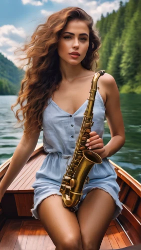 girl on the boat,girl on the river,wind instrument,sax,saxophone playing man,woodwind instrument,wind instruments,saxophone,saxophone player,saxophonist,saxhorn,melodica,brass instrument,flugelhorn,boat operator,musical background,flautist,woman playing,woodwind instrument accessory,vienna horn,Photography,General,Natural