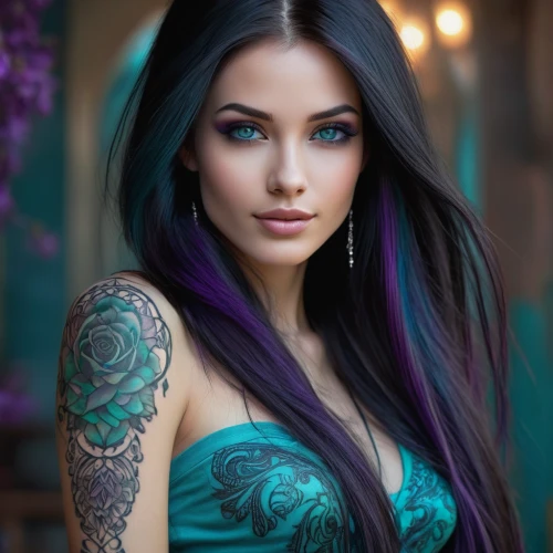tattoo girl,beautiful girl with flowers,beautiful young woman,purple rose,oriental girl,eurasian,tattooed,beautiful woman,romantic look,attractive woman,female beauty,with tattoo,tattoos,beautiful women,colorful floral,romantic portrait,polynesian girl,pretty young woman,color turquoise,beautiful girl,Illustration,Paper based,Paper Based 18