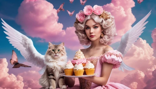 fantasy picture,vintage angel,tea party cat,confectioner,alice in wonderland,photo manipulation,eglantine,pink cat,cat coffee,confection,photomanipulation,cupid,woman with ice-cream,doll cat,image manipulation,confectionery,surrealistic,photoshop manipulation,fairy queen,wonderland,Photography,General,Realistic