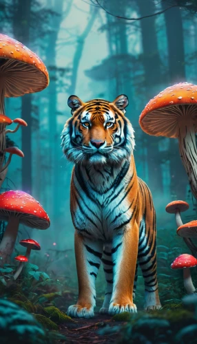 mushroom landscape,forest mushroom,forest mushrooms,toadstools,forest animals,agaric,mushrooms,fungi,mushroom type,world digital painting,chestnut tiger,forest animal,woodland animals,fungal science,cartoon forest,tigers,blue mushroom,club mushroom,fantasy art,a tiger,Conceptual Art,Fantasy,Fantasy 02