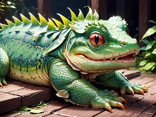 green iguana,chinese water dragon,little crocodile,little alligator,eastern water dragon,green dragon,alligator sculpture,giant frog,emerald lizard,west african dwarf crocodile,iguana,painted dragon,ring-tailed iguana,eastern water dragon lizard,bulbasaur,muggar crocodile,crocodilian reptile,crocodile,green frog,amphibian,Anime,Anime,General