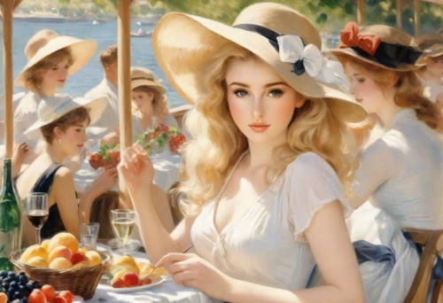 woman with ice-cream,tea party,garden party,women at cafe,girl with bread-and-butter,woman at cafe,bougereau,white lady,afternoon tea,the hat-female,panama hat,young women,blonde woman,woman holding pie,vintage women,girl with cereal bowl,the hat of the woman,cream tea,sun hats,parasols