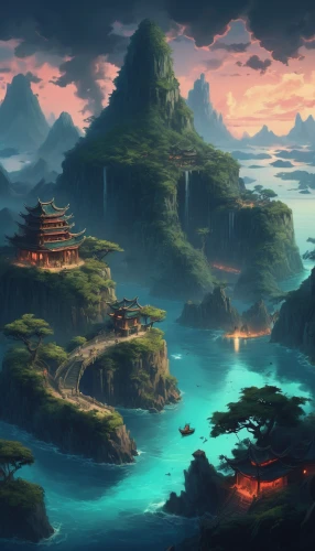 fantasy landscape,landscape background,ancient city,an island far away landscape,japan landscape,high landscape,mountainous landscape,mountain landscape,futuristic landscape,tigers nest,world digital painting,yunnan,oriental,mountain world,meteora,river landscape,coastal landscape,islands,fantasy picture,beautiful landscape