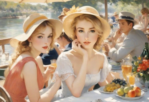 vintage girls,paris cafe,women at cafe,aperitif,tea party,vintage art,afternoon tea,vintage women,tearoom,high tea,retro women,pin-up girls,young women,retro pin up girls,parisian coffee,art painting,universal exhibition of paris,teacups,mirabelles,photo painting