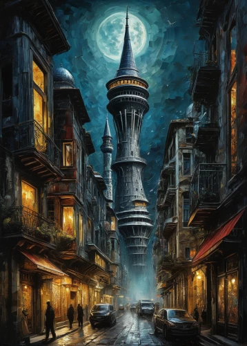 fantasy city,tower of babel,ancient city,lamplighter,shanghai disney,watertower,black city,galata tower,sky city,electric tower,kowloon city,minarets,fantasy art,constantinople,fantasy picture,world digital painting,istanbul city,skyscraper town,sci fiction illustration,water tower,Conceptual Art,Sci-Fi,Sci-Fi 02