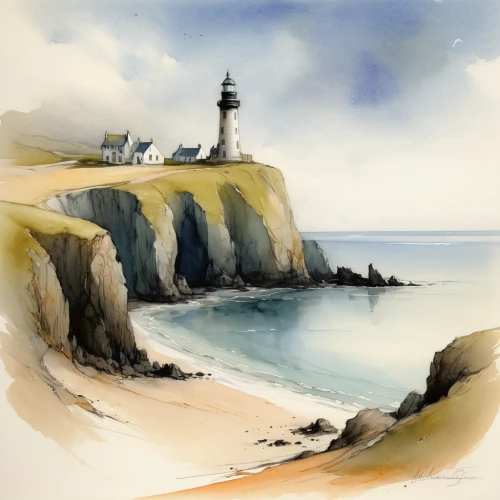 petit minou lighthouse,lighthouse,light house,pigeon point,electric lighthouse,coastal landscape,crisp point lighthouse,sea stack,point lighthouse torch,watercolor,cliff coast,light station,bretagne,south stack,cliff top,watercolor sketch,beach landscape,seascapes,watercolour,seascape,Illustration,Realistic Fantasy,Realistic Fantasy 16