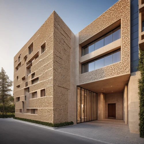 wooden facade,building honeycomb,arq,3d rendering,sand-lime brick,qasr azraq,build by mirza golam pir,archidaily,lattice windows,facade panels,iranian architecture,modern architecture,kirrarchitecture,new building,jewelry（architecture）,qasr al watan,appartment building,brick block,modern building,eco-construction,Photography,General,Natural