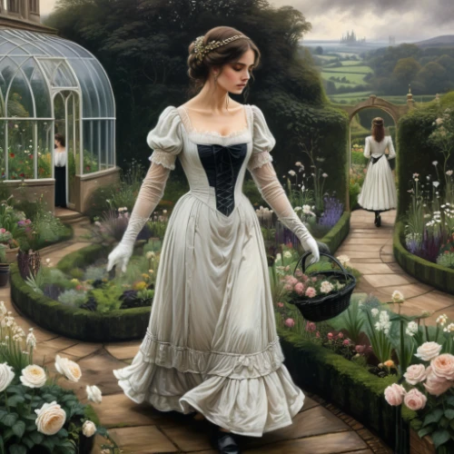 victorian lady,girl in the garden,jane austen,wedding gown,victorian style,wedding dresses,the victorian era,wedding dress,bridal clothing,garden party,victorian fashion,way of the roses,garden roses,bridal dress,cottage garden,rosebushes,bridal,ball gown,in the garden,flower garden