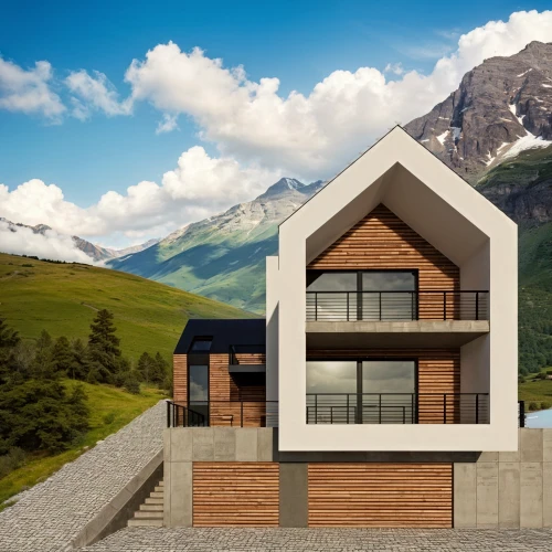 house in mountains,house in the mountains,modern house,3d rendering,mountain hut,modern architecture,chalet,cubic house,prefabricated buildings,mountain huts,eco-construction,render,alpine style,frame house,residential house,dunes house,build by mirza golam pir,inverted cottage,luxury property,wooden house