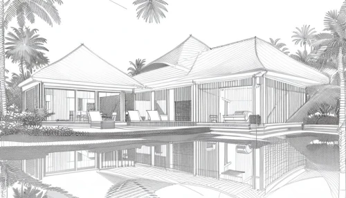 holiday villa,tropical house,3d rendering,residential house,pool house,floorplan home,asian architecture,resort,house drawing,modern house,house floorplan,floating huts,seminyak,luxury property,private house,architect plan,garden elevation,chalet,luxury home,residence,Design Sketch,Design Sketch,Hand-drawn Line Art