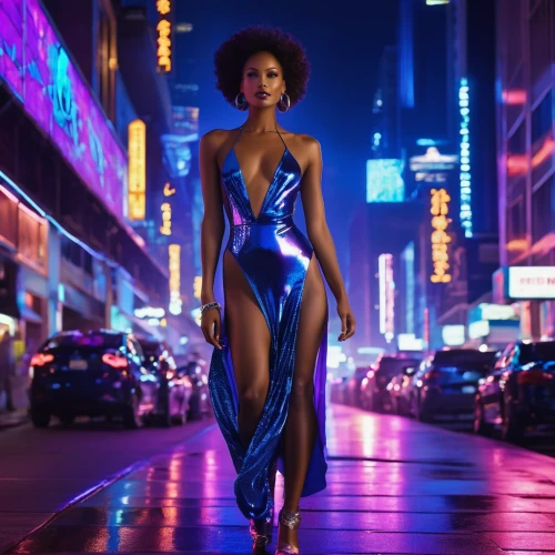 neon body painting,cosmopolitan,broadway,cocktail dress,agent provocateur,mystique,futuristic,city trans,woman walking,sexy woman,new york streets,ester williams-hollywood,time square,neon lights,cyberpunk,afroamerican,femme fatale,ebony,harlem,neon light,Photography,General,Realistic