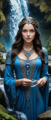 celtic woman,blue enchantress,fantasy picture,celtic queen,fairy tale character,fantasy art,fantasy woman,sorceress,the enchantress,water nymph,fantasy portrait,heroic fantasy,priestess,faery,rusalka,elven,mystical portrait of a girl,faerie,water rose,woman at the well,Illustration,Realistic Fantasy,Realistic Fantasy 42