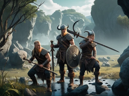 guards of the canyon,massively multiplayer online role-playing game,germanic tribes,vikings,game illustration,nomads,game art,hunting scene,heroic fantasy,norse,swordsmen,the three magi,warrior east,biblical narrative characters,bow and arrows,animals hunting,concept art,goki,world digital painting,action-adventure game,Conceptual Art,Fantasy,Fantasy 02