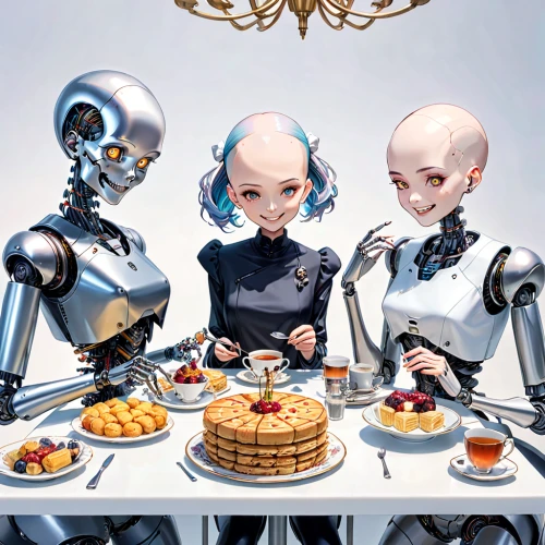 robots,thirteen desserts,robotics,automation,machines,cybernetics,robotic,artificial intelligence,doll kitchen,sci fiction illustration,tea party,automated,robot,humanoid,assembly line,soft robot,cooking book cover,doll's festival,compans-cafarelli,dining,Anime,Anime,General
