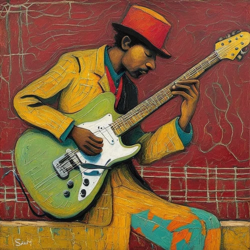 jazz guitarist,guitar player,painted guitar,taj-mahal,guitarist,itinerant musician,slide guitar,jimmy hendrix,cavaquinho,blues and jazz singer,musician,street musician,taj,jimi hendrix,man with saxophone,saxophone playing man,rhythm blues,vincent van gough,guitar,jazz bass,Art,Artistic Painting,Artistic Painting 49