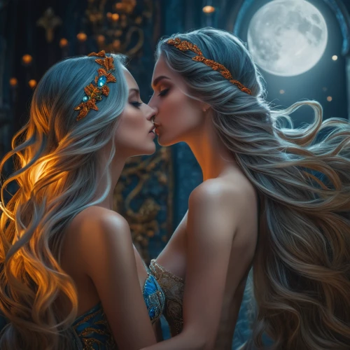 blue moon rose,fantasy picture,fantasy art,celtic woman,romantic portrait,amorous,moon and star,girl kiss,the moon and the stars,fairytales,fairy tale,romantic night,blue moon,fairytale,sun and moon,a fairy tale,moonlit night,princesses,mirror of souls,romantic scene,Photography,General,Fantasy