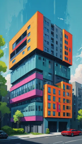 apartment block,apartment building,colorful facade,apartment blocks,apartment-blocks,block of flats,apartment buildings,mixed-use,cubic house,apartment complex,residential tower,modern building,modern architecture,apartments,sky apartment,office buildings,colorful city,bulding,an apartment,apartment house,Conceptual Art,Fantasy,Fantasy 14