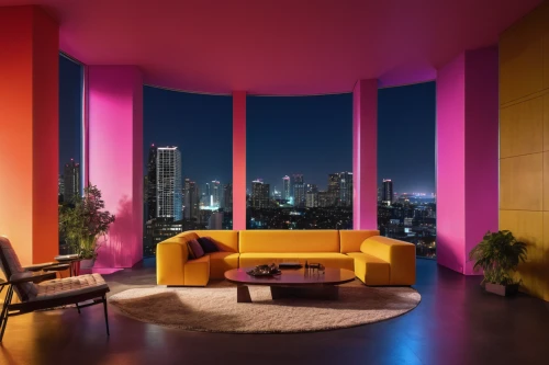 apartment lounge,colorful city,penthouse apartment,colorful light,color wall,colored lights,livingroom,bangkok,pink chair,rainbow color palette,great room,sky apartment,living room,interior design,modern decor,vibrant color,shared apartment,the living room of a photographer,modern room,saturated colors