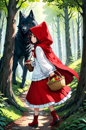 red riding hood,little red riding hood,wolf couple,howl,red wolf,red coat,kitsune,howling wolf,two wolves,red cape,european wolf,wolf,gray wolf,red skirt,girl with dog,wolves,fairy tale character,forest walk,akita inu,forest background,Anime,Anime,Traditional