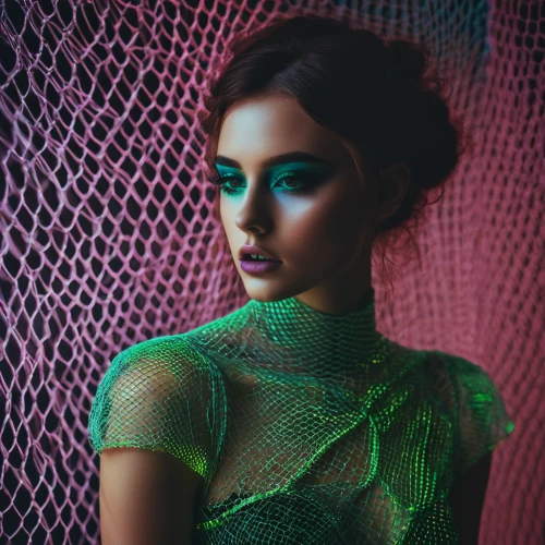 wire mesh,neon body painting,neon makeup,see-through clothing,in green,emerald,mesh,green dress,mesh and frame,spider net,neon light,woven,turquoise,teal,green,green skin,ivy,poison ivy,see through,neon lights,Photography,Documentary Photography,Documentary Photography 08