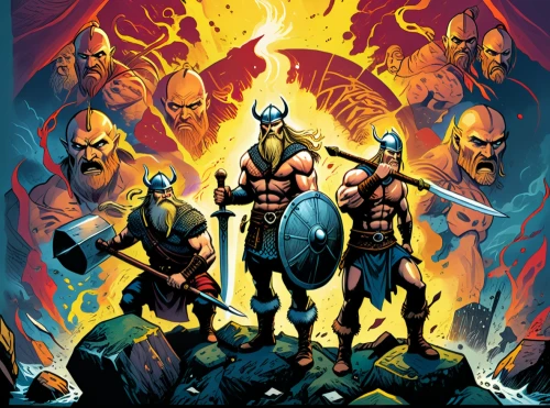 marvel comics,x-men,x men,xmen,greyskull,he-man,warriors,swordsmen,gauntlet,comic characters,comic book,cover,comic books,dwarves,grog,heroic fantasy,vikings,storm troops,norse,splitting maul,Illustration,American Style,American Style 13