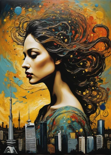 world digital painting,art painting,oil painting on canvas,woman thinking,italian painter,mary-gold,graffiti art,fire artist,city ​​portrait,street artist,meticulous painting,painted lady,cd cover,city in flames,psychedelic art,girl in a long,fantasy art,bodypainting,oil painting,head woman,Illustration,Abstract Fantasy,Abstract Fantasy 18