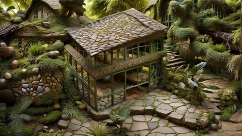 house in the forest,miniature house,witch's house,escher village,small house,ancient house,fairy house,traditional house,fairy village,little house,greenhouse,thatched cottage,diorama,cottage,fisherman's house,large home,treasure house,terrarium,model house,home landscape