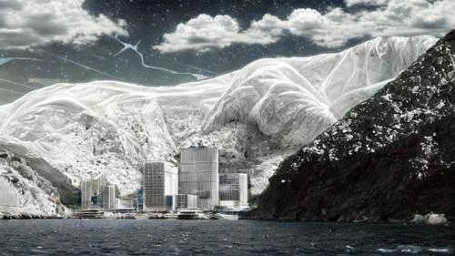 futuristic landscape,panoramical,digital compositing,virtual landscape,sky space concept,snow mountains,post-apocalyptic landscape,futuristic architecture,composite,tsunami,skycraper,fractal environment,building valley,solar cell base,concept art,photomanipulation,power towers,photo manipulation,mountain station,terraforming