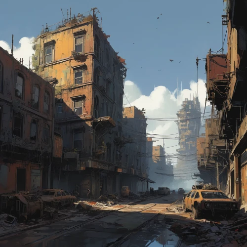 post-apocalyptic landscape,destroyed city,post apocalyptic,slums,post-apocalypse,gunkanjima,wasteland,slum,ancient city,war zone,industrial landscape,kowloon city,fallout4,cityscape,apocalyptic,urbanization,urban landscape,rubble,industrial ruin,alleyway,Conceptual Art,Sci-Fi,Sci-Fi 01