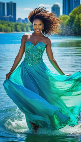 tiana,girl on the river,celtic woman,color turquoise,green mermaid scale,photoshoot with water,water wild,celtic queen,quinceanera dresses,fusion photography,green water,image manipulation,gracefulness,plus-size model,african american woman,floating on the river,on the water surface,the body of water,walk on water,hoopskirt,Photography,General,Realistic