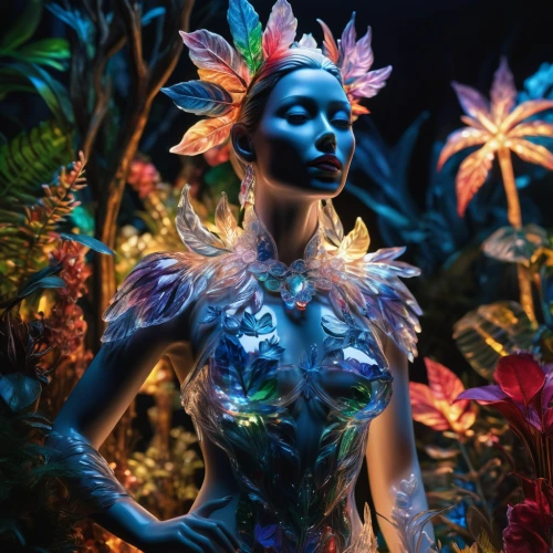 fairy peacock,neon body painting,mystique,bodypaint,majorelle blue,bodypainting,body painting,faerie,bjork,tropical bloom,blue enchantress,cirque du soleil,garden of eden,merfolk,fantasia,png sculpture,avatar,flora,fairy world,blue peacock,Photography,Artistic Photography,Artistic Photography 02