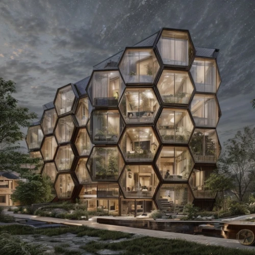 building honeycomb,honeycomb structure,cubic house,solar cell base,eco hotel,cube stilt houses,cube house,eco-construction,sky space concept,hexagonal,hex,bee-dome,hexagons,the hive,futuristic architecture,honeycomb,hexagon,kirrarchitecture,hub,honeycomb grid,Architecture,General,Modern,Functional Sustainability 1