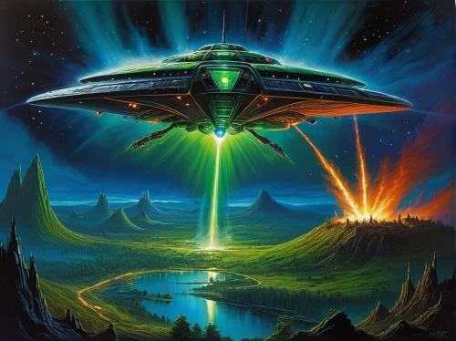 alien ship,ufos,ufo intercept,ufo,starship,alien invasion,saucer,green aurora,flying saucer,star ship,extraterrestrial life,futuristic landscape,close encounters of the 3rd degree,alien world,unidentified flying object,alien planet,solar wind,space ships,voyager,patrol,Illustration,Realistic Fantasy,Realistic Fantasy 32