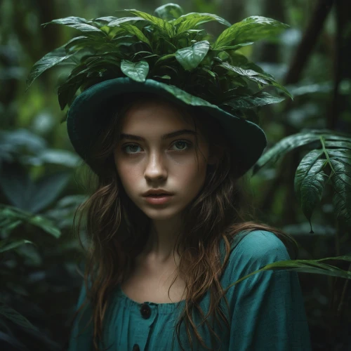 mystical portrait of a girl,faery,girl wearing hat,dryad,girl with tree,girl in a wreath,faerie,girl in the garden,poison ivy,fae,flora,the enchantress,portrait photography,tropical greens,girl portrait,forest clover,in green,marie leaf,forest floor,undergrowth,Photography,Documentary Photography,Documentary Photography 08