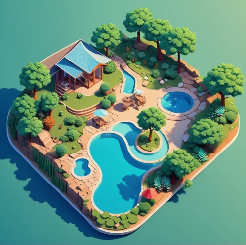 pool house,swimming pool,swim ring,floating island,isometric,dug-out pool,seaside resort,resort,outdoor pool,floating islands,summer cottage,holiday villa,resort town,artificial islands,artificial island,3d render,tropical island,holiday complex,island suspended,beach resort,Unique,3D,Isometric