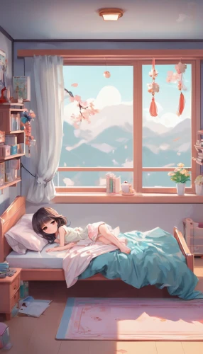 sleeping room,the little girl's room,dream world,room,sky apartment,bedroom,studio ghibli,dreaming,japanese-style room,one room,dream,one-room,dreamland,children's bedroom,blue room,bedroom window,room creator,boy's room picture,daydream,modern room