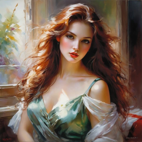 romantic portrait,young woman,emile vernon,celtic woman,oil painting,art painting,fantasy art,italian painter,redheads,fantasy portrait,red-haired,portrait of a girl,young lady,a charming woman,mystical portrait of a girl,comely,girl portrait,oil painting on canvas,poison ivy,woman portrait,Conceptual Art,Oil color,Oil Color 03
