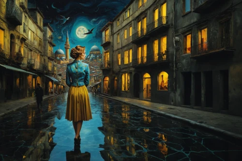 world digital painting,the girl in nightie,photo manipulation,fantasy picture,transistor,sci fiction illustration,photomanipulation,photoshop manipulation,digital compositing,night scene,fantasy art,girl walking away,parallel worlds,sleepwalker,alice,blue moon,mystical portrait of a girl,girl in a historic way,tour to the sirens,lamplighter