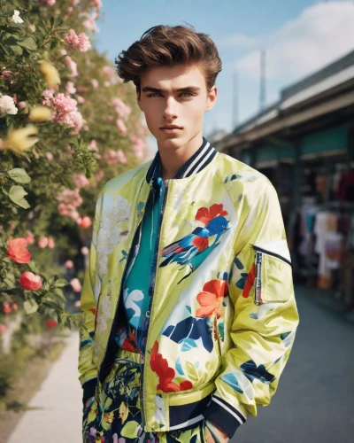 windbreaker,colorful floral,floral,jacket,george russell,clover jackets,tropical bloom,floral pattern,vintage floral,floral background,flowery,boys fashion,floral japanese,male model,floral heart,tropics,green jacket,bolero jacket,pompadour,young model istanbul