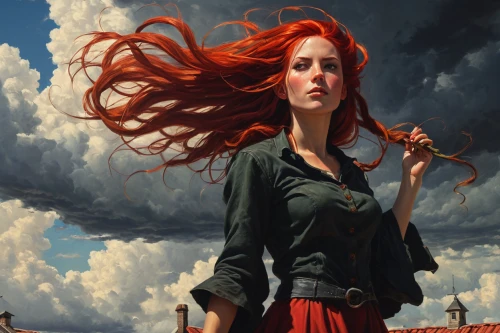 red-haired,little girl in wind,redheads,red head,sci fiction illustration,heroic fantasy,transistor,rosa ' amber cover,red cloud,redhair,clary,redheaded,scarlet sail,woman thinking,red coat,the girl at the station,shades of red,fantasy portrait,the wind from the sea,mystical portrait of a girl,Conceptual Art,Fantasy,Fantasy 15