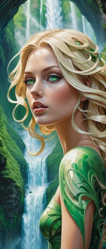 the blonde in the river,dryad,faery,green mermaid scale,the enchantress,faerie,celtic woman,fantasy portrait,heroic fantasy,green waterfall,fantasy art,fae,celtic queen,elven,merfolk,mermaid background,fantasy picture,world digital painting,rusalka,water nymph,Conceptual Art,Sci-Fi,Sci-Fi 24